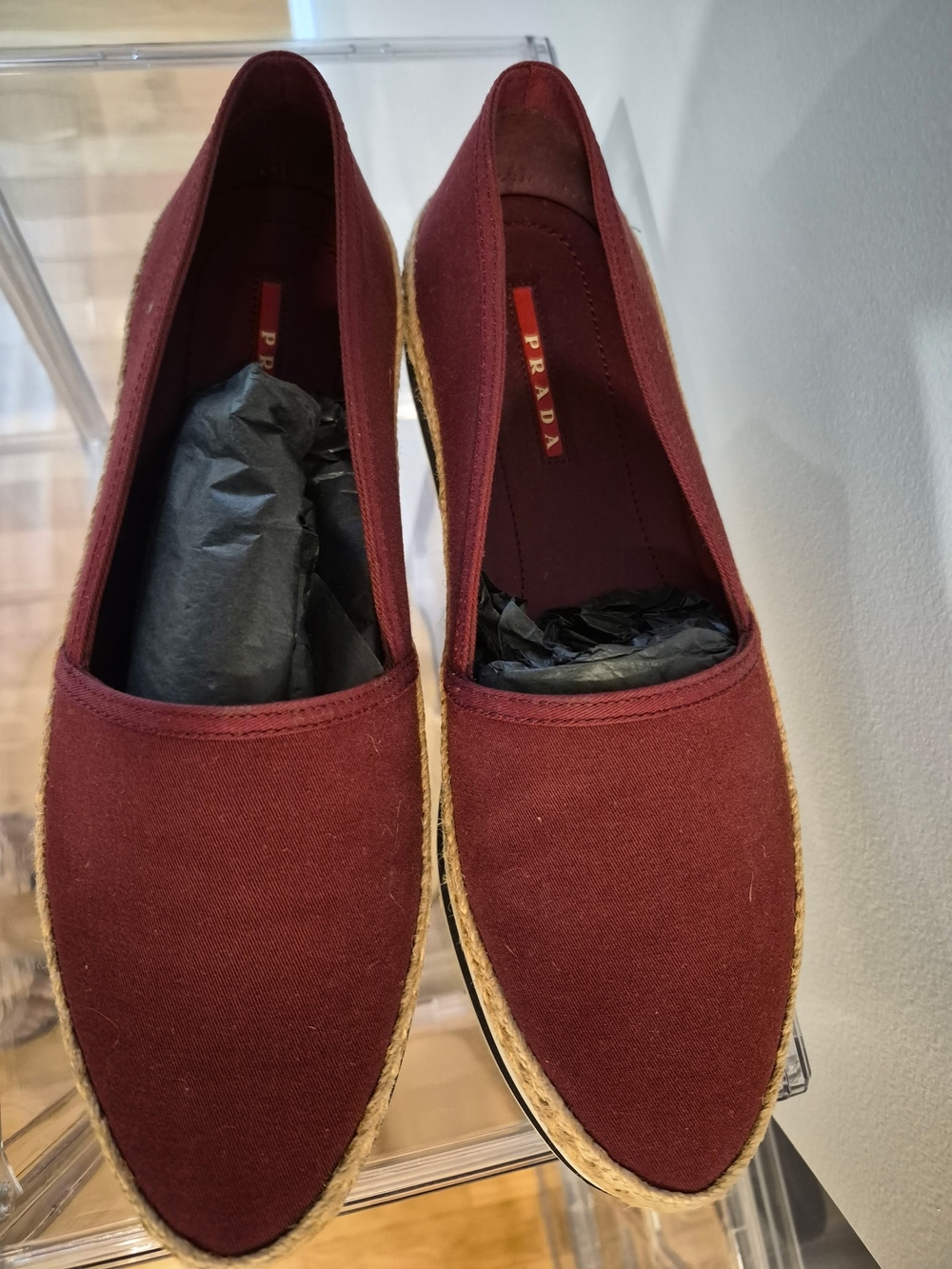 Prada  Burgundy Canvas Espadrille Slip-Ons